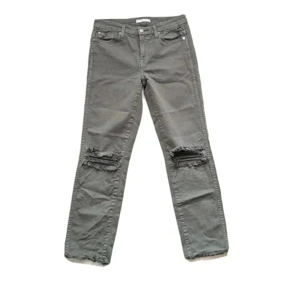 7 For All Mankind Green Ankle Straight Leg Raw Hem Jeans Size 26 Rips AU8169495S